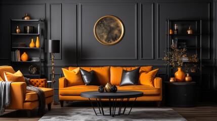 Black and orange interior living room