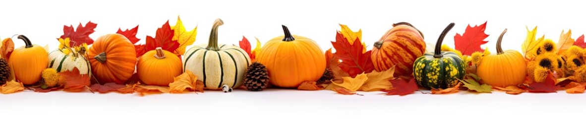 Autumn leaves and gourds, pumpkins patch on white background banner - obrazy, fototapety, plakaty