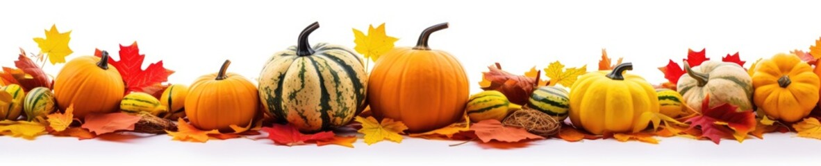 Autumn leaves and gourds, pumpkins patch on white background banner