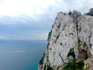 view from the skywalk of the Rock of Gibraltar the mediterranean sea and the Strait of Gibraltar on a cloudy day, Gibraltar, British Overseas Territory, Great Britain, Europe