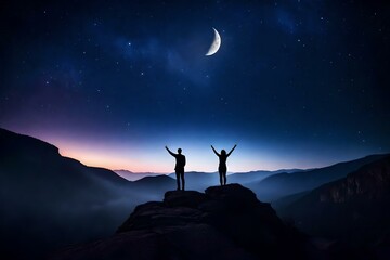 silhouette of a couples on a mountain top moon on sky night view