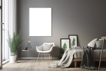 Modern bedroom mockup with a blank frame, cozy room photography, empty frame