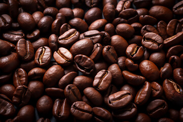 Naklejka premium Roasted coffee beans background, close up coffee beans photography