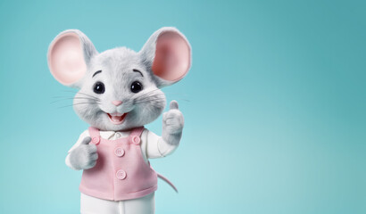 Cute mouse, smiling, showing approving thumbs up to appreciate good work or product. Wide banner with copy space side. Generative AI
