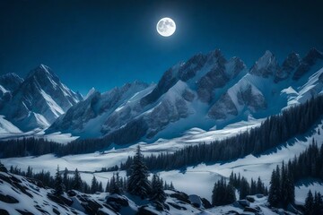 moon rise in snowy mountain landscape