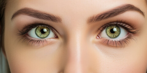 Naklejka premium Young beautiful woman with green eyes, closeup detail to her face, both iris visible. Generative AI