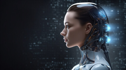a young woman half-robot or a humanoid android with artificial intelligence parts or a technological upgrade as human evolution, mechanical body parts - obrazy, fototapety, plakaty