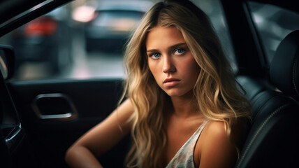 Fototapeta na wymiar adult woman with blonde brunette hair, as a passenger in the car, annoyed or stressed or in a bad mood or long car drive looking for a parking space in a parking lot, fictitious happening,