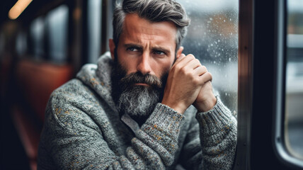 closeup of adult mature man with beard and turtleneck sweater, fictional place, thoughtful dramatic fictional, on train at window in rainy weather, escape or travel or commuting in everyday work life