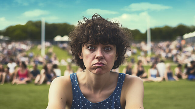 in public pool, bikini, introvert and shy, alone and lonely or uncomfortable, looks and ugly, summer and sun, sunny weather, fictional location, 30s caucasian