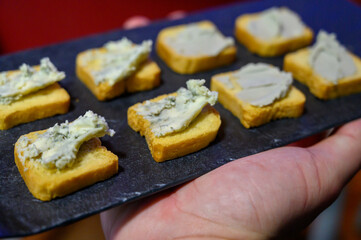 Tasting of Cabrales blue cheese made by rural dairy farmers in Asturias, Spain from unpasteurized cow’s milk or blended with goat or sheep milk small zone of production Picos de Europa