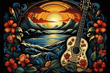 Guitar and hibiscus flowers on the background of the sunset