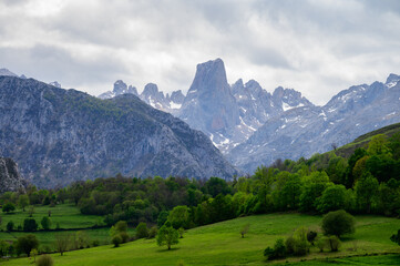 Naklejka na ściany i meble View on Naranjo de Bulnes or Picu Urriellu, limestone peak dating from Paleozoic Era, located in Macizo Central region of Picos de Europa, mountain range in Asturias, Spain