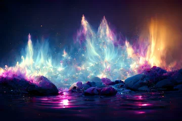Poster de jardin Aurores boréales purple white big fire flame fuego behind big blue backlight mountain