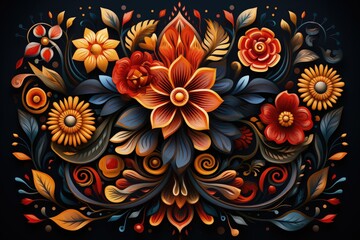 Abstract floral background with flowers and leaves in ethnic style. Vector illustration