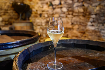 Tasting of grand cru sparkling white wine with bubbles champagne by old champagne caves in grand cru wine producer small village Cramant, Champagne, France