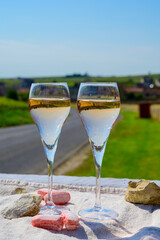 Tasting of grand cru sparkling rose wine with bubbles champagne with view on old houses of Oger, small village with grand cru vineyards, France.