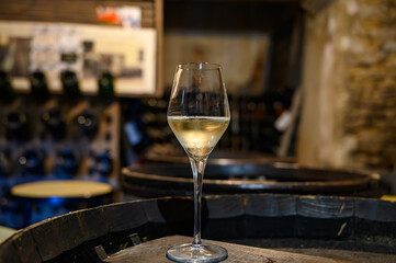 Tasting of grand cru sparkling white wine with bubbles champagne by old champagne caves in grand cru wine producer small village Cramant, Champagne, France