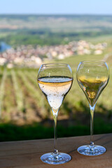 Tasting of premier cru sparkling white wine with bubbles champagne with view on green pinot noir, meunier vineyards of Hautvillers and valley of Marne river, France.