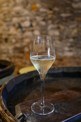 Tasting of grand cru sparkling white wine with bubbles champagne by old champagne caves in grand cru wine producer small village Cramant, Champagne, France