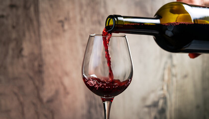 Pouring red wine into the glass against rustic background. Pour alcohol, winery concept.