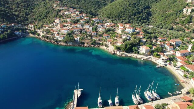 Aerial view of Kioni village on Ithaca island, Kefalonia, Ionian sea, Greece