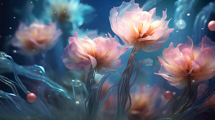 Background with flowers. Underwater surrealist photorealistic  flowers, futuristic style, pastel glow colors, textures, retro-futuristic, pink and blue