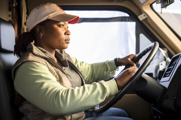 A young black female truck driver driving. Generative AI. 