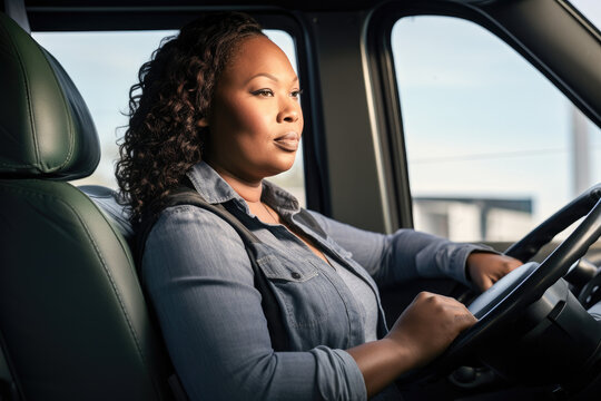 A young black female truck driver driving. Generative AI. 