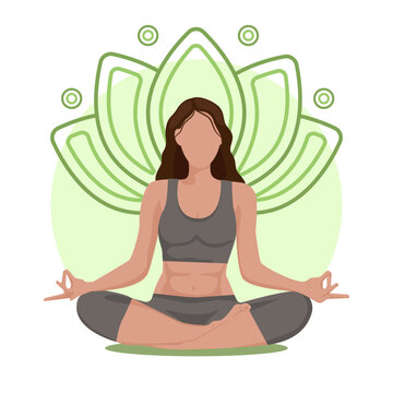person meditating in yoga position. girl lotos green illustrations 