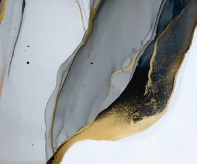 Foto op Plexiglas Abstract marble grey art with gold — gray background with golden paint. Beautiful smudges and stains made with alcohol ink. Gray fluid art texture resembles smoke, stone, watercolor or aquarelle. © Luvricon
