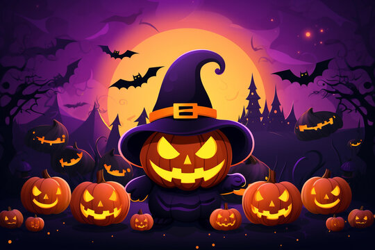 Halloween background, cartoon style, colorful, carved pumpkin with a witch hat on a purple background with bats moon and trees. High quality photo