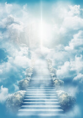 Stairway to heaven, stone staircase leading to bright glow in distance, clouds around. Generative AI