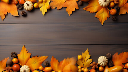 Autumnal Festivities: Vibrant Leaves and Acorns on Wooden Surface, Negative Space in Middle- Generative AI