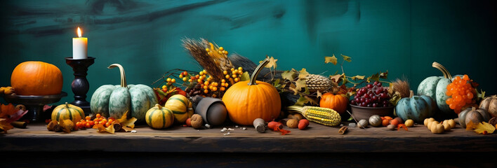 Thanksgiving Feast: Delectable Foods on Antique Wooden Table, Banner style, Autumn Theme - Generative AI