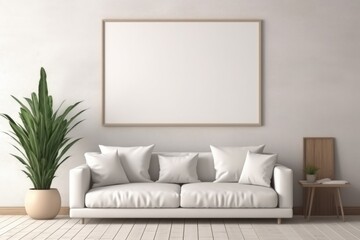 A living room with a white couch and a potted plant. Mockup for your art project, poster, illustration or lettering.