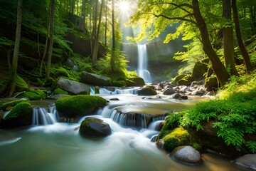 waterfall in the forest generated with AI technology