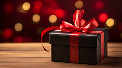 Photo of a black gift box with a red ribbon on a red background. Generative AI