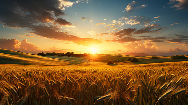 Landscape with a wheat field at sunset. Generative AI