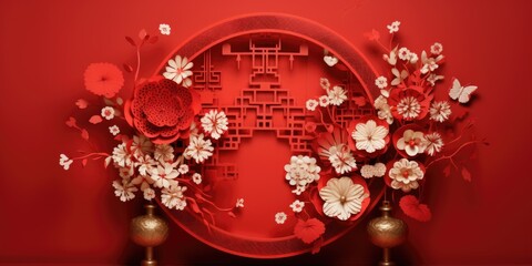 Two vases with flowers in front of a red wall. Elegant design for Chinese New Year greeting card.