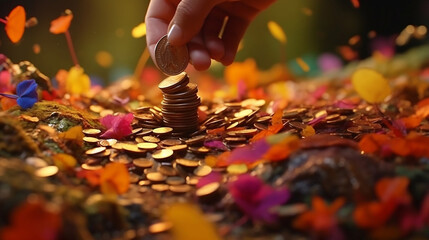Huge amount of golden coins with a hand, treasure, investmets, savings, wealth growth - obrazy, fototapety, plakaty