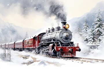 A painting of a train traveling through the snow. Christmas steam train.