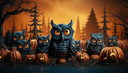 Fototapeta premium 3D illustration of Halloween theme banner with group of Jack O Lantern pumpkin and paper graphic style of spooky tree and owl on background