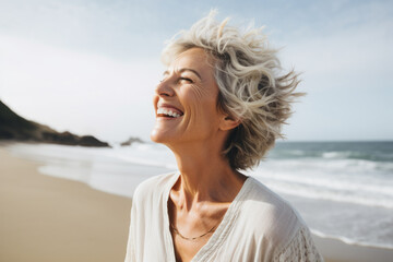 Smiling mature woman at the beach, natural lifestyle, enjoying the sunny weather