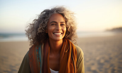 Smiling mature woman at the beach, natural lifestyle, enjoying the sunny weather