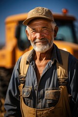 A man in overalls standing in front of a tractor. Portrait of a farmer.