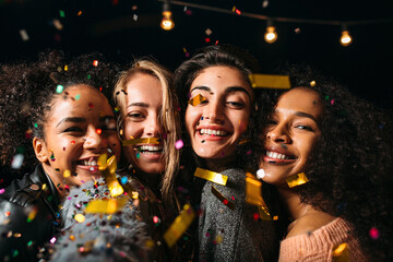 Obraz na płótnie Canvas Close-up of four happy women under confetti making a selfie at night