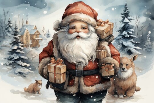 A painting of a santa claus carrying presents in winter forest. Merry Christmas card design.