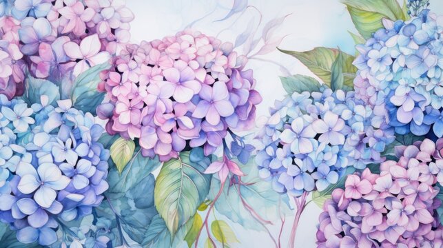A painting of a bunch of purple and blue flowers. Blue and purple hydrangea flowers.