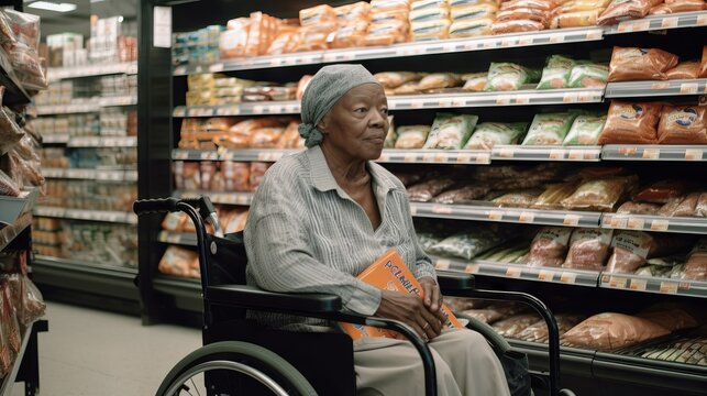A disabled person in a wheelchair out shopping, Generative AI.